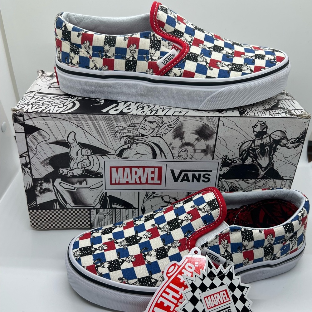 Vans Marvel Red Blue Checkered Slip-Ons US Kids 2.5